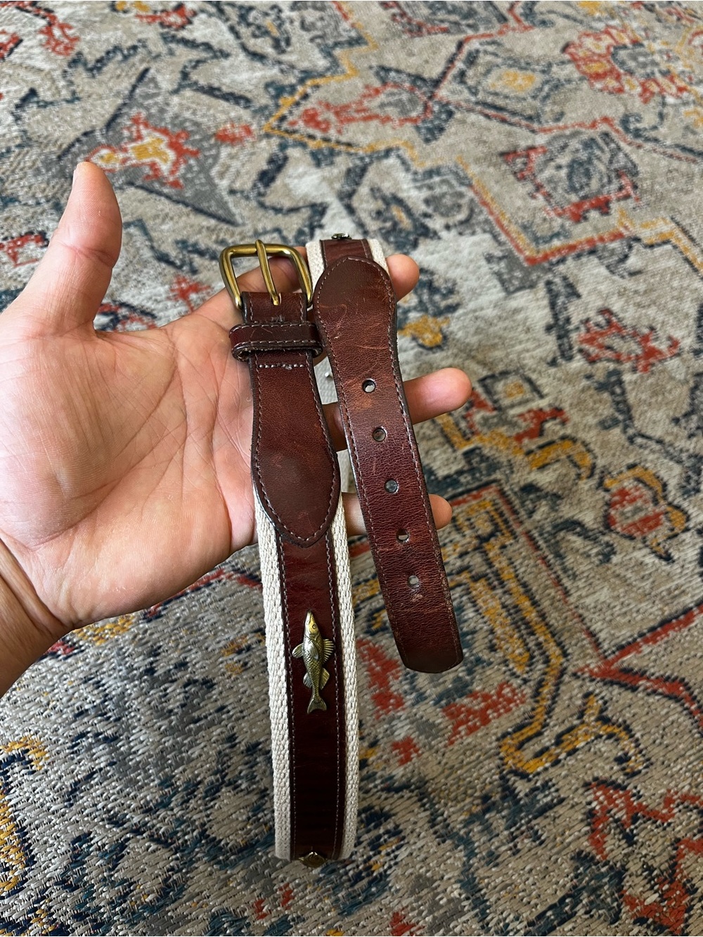 Brighton Brown Leather and Cream Canvas Belt